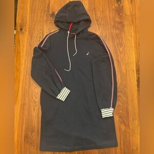 Sweatshirt Dress. Women size M. Navy with red detailing. Hood drawstring. NNT